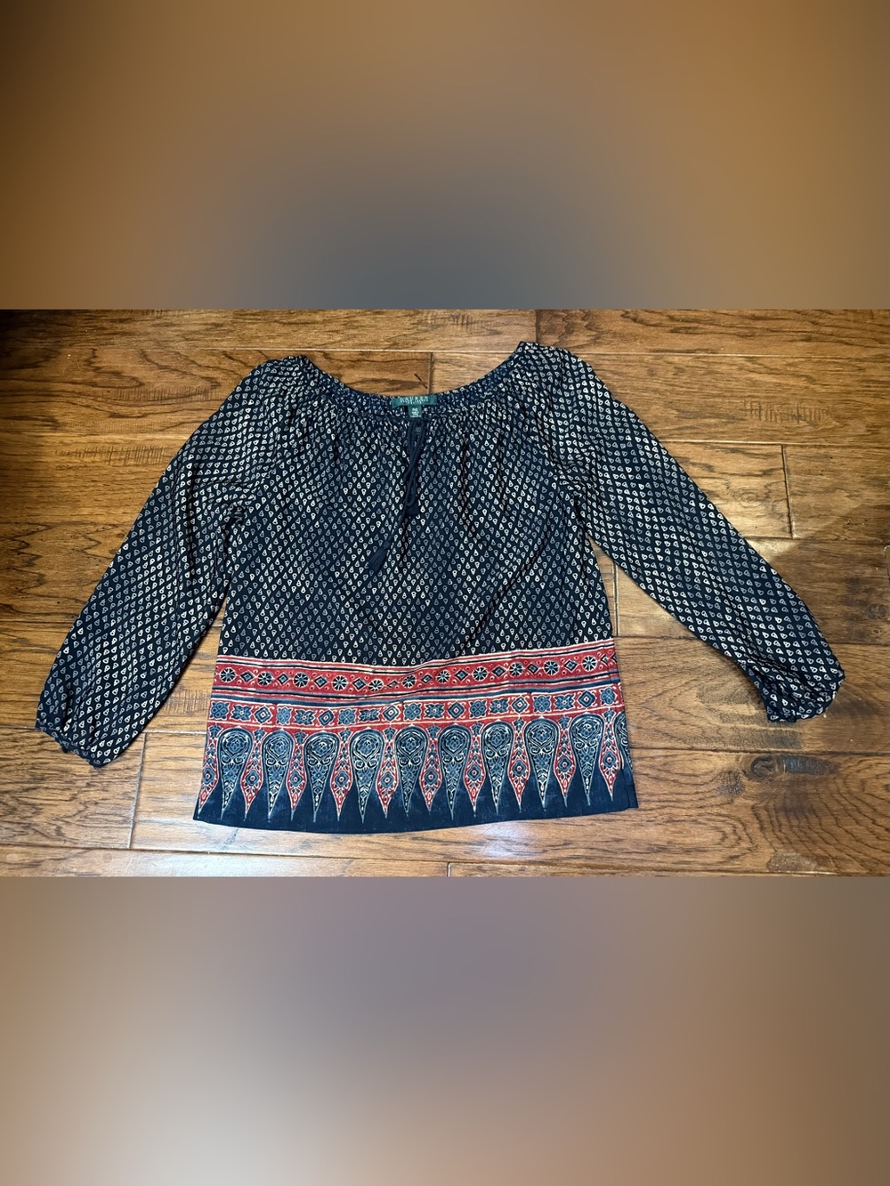 NWT Lauren Ralph Lauren Petite Paisley Border Tassel Blouse PXS - Picture 7 of 11